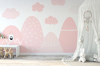 Elegant pink mountain mural with a misty, ethereal design.

