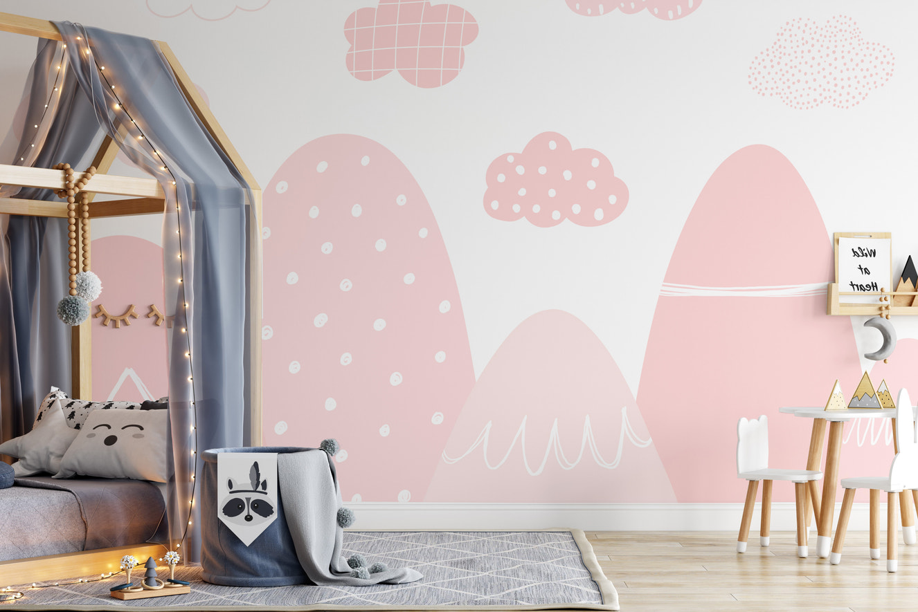 Dreamy pink misty mountains mural for serene wall decor.
