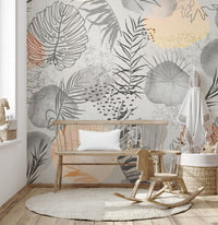 Tropical mural with hand-drawn leaves for chic, natural decor.



