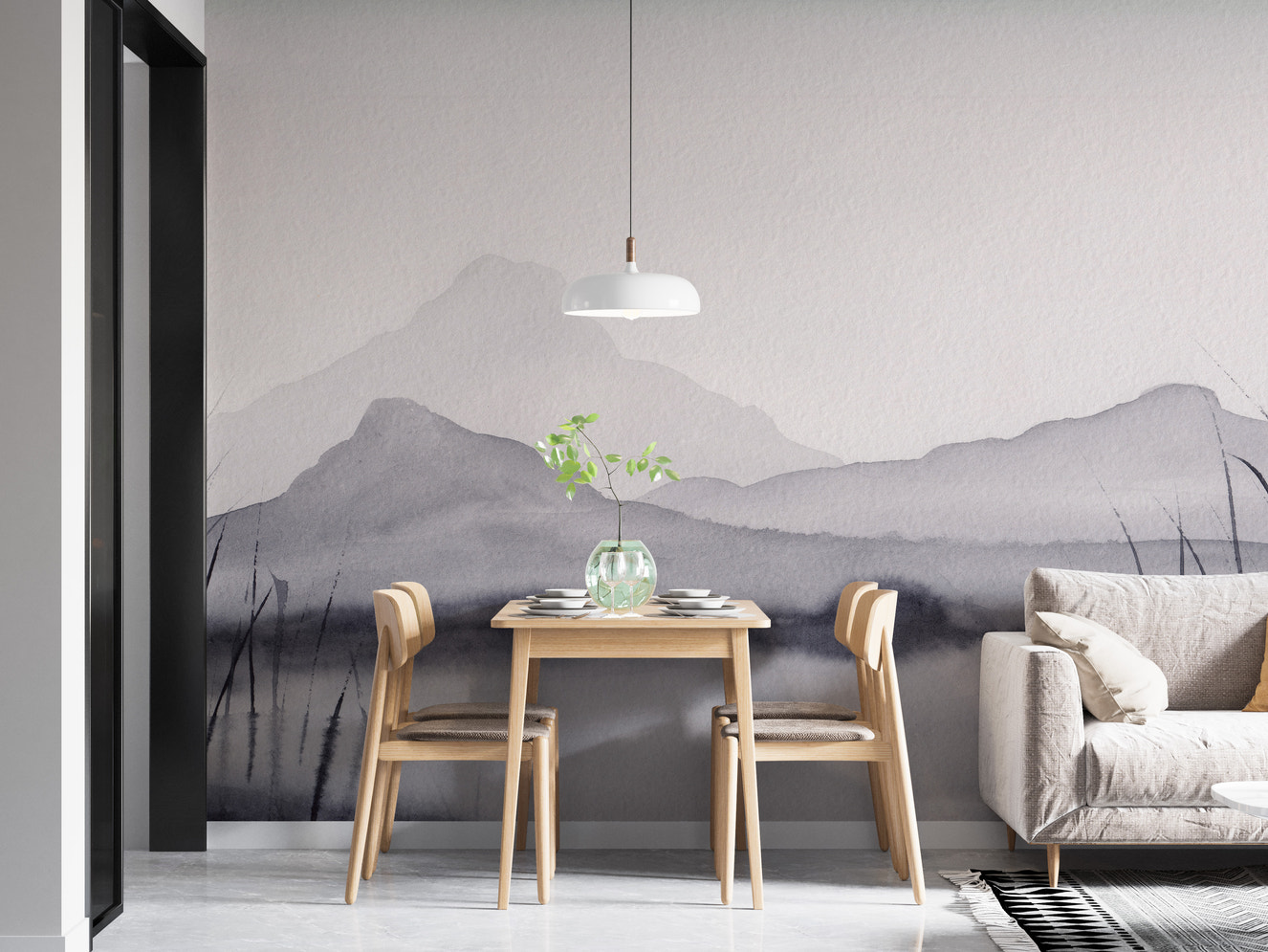 Dreamy mountain mirage mural for serene wall decor.