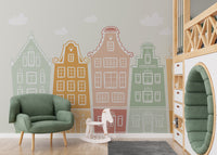Artistic wall mural with colorful building block patterns.
