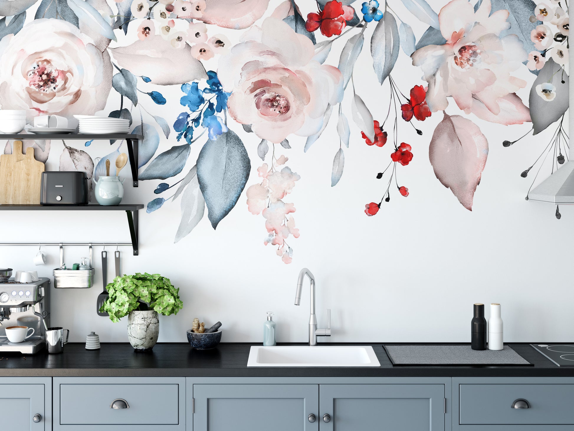 Seamless watercolor floral mural adding charm to modern spaces.
