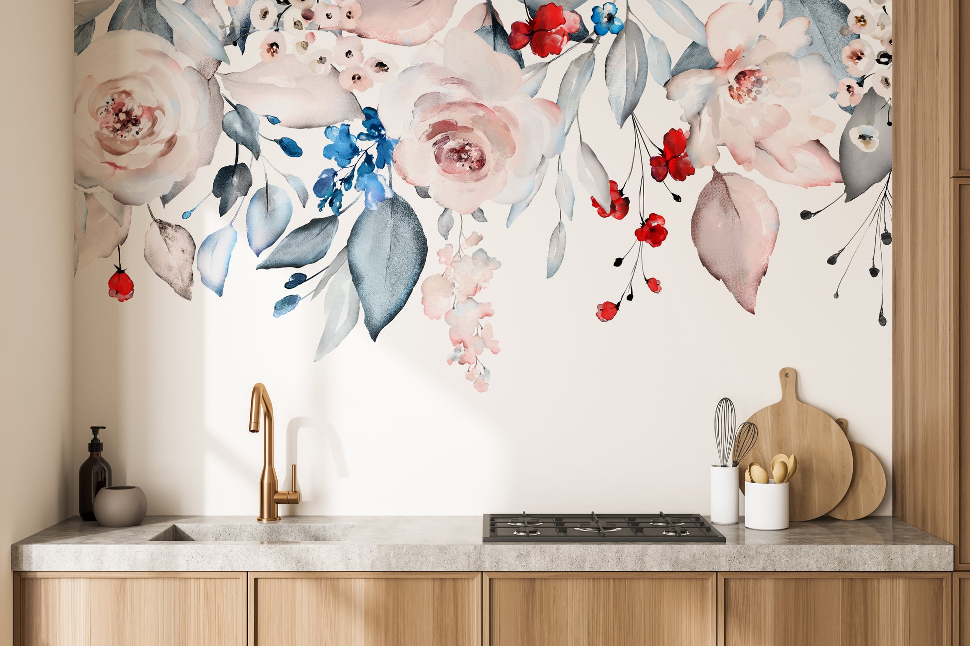 Elegant floral border mural with soft watercolor hues for walls.
