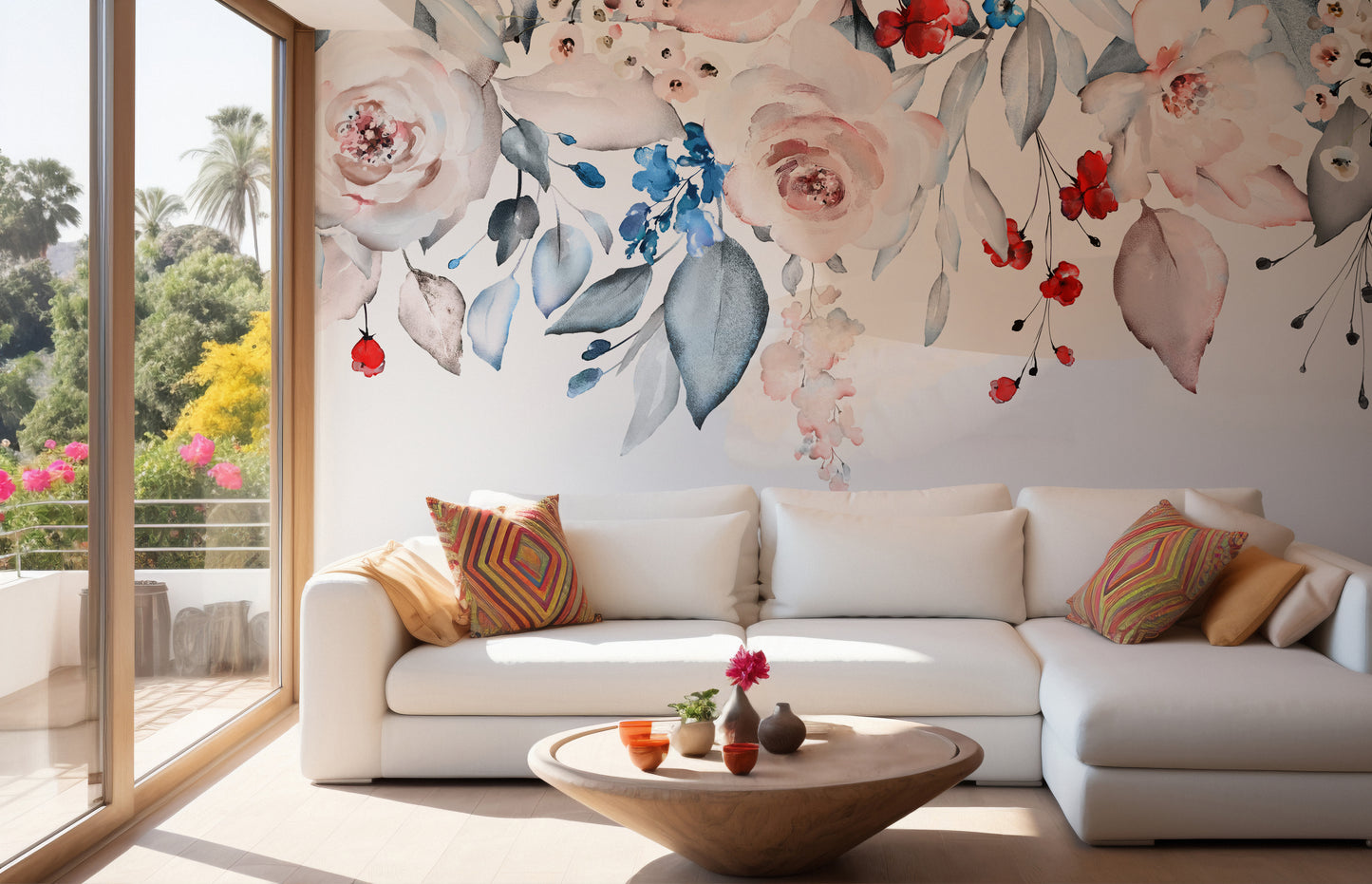 Seamless border mural showcasing watercolor floral artistry.
