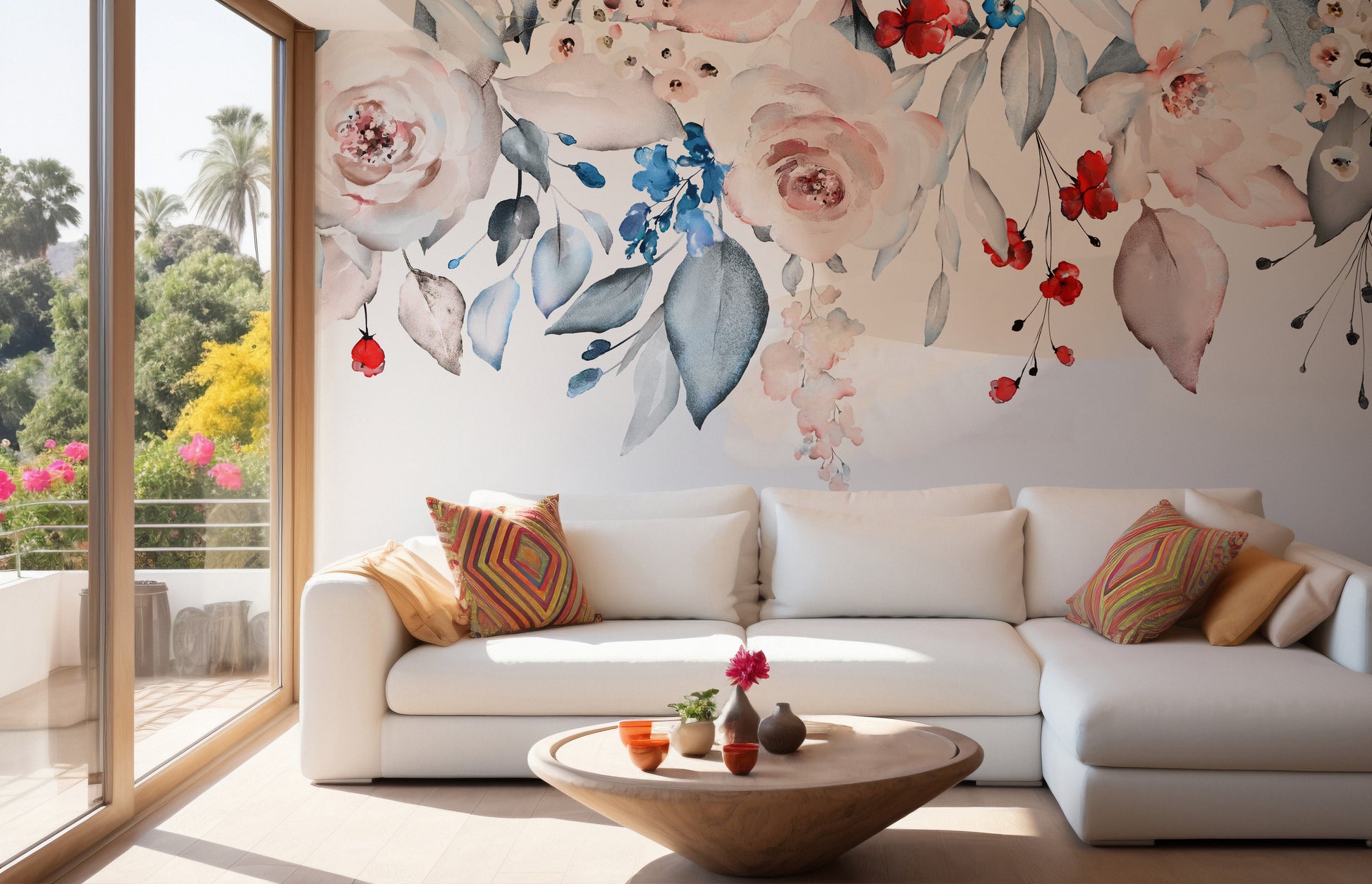 Seamless border mural showcasing watercolor floral artistry.
