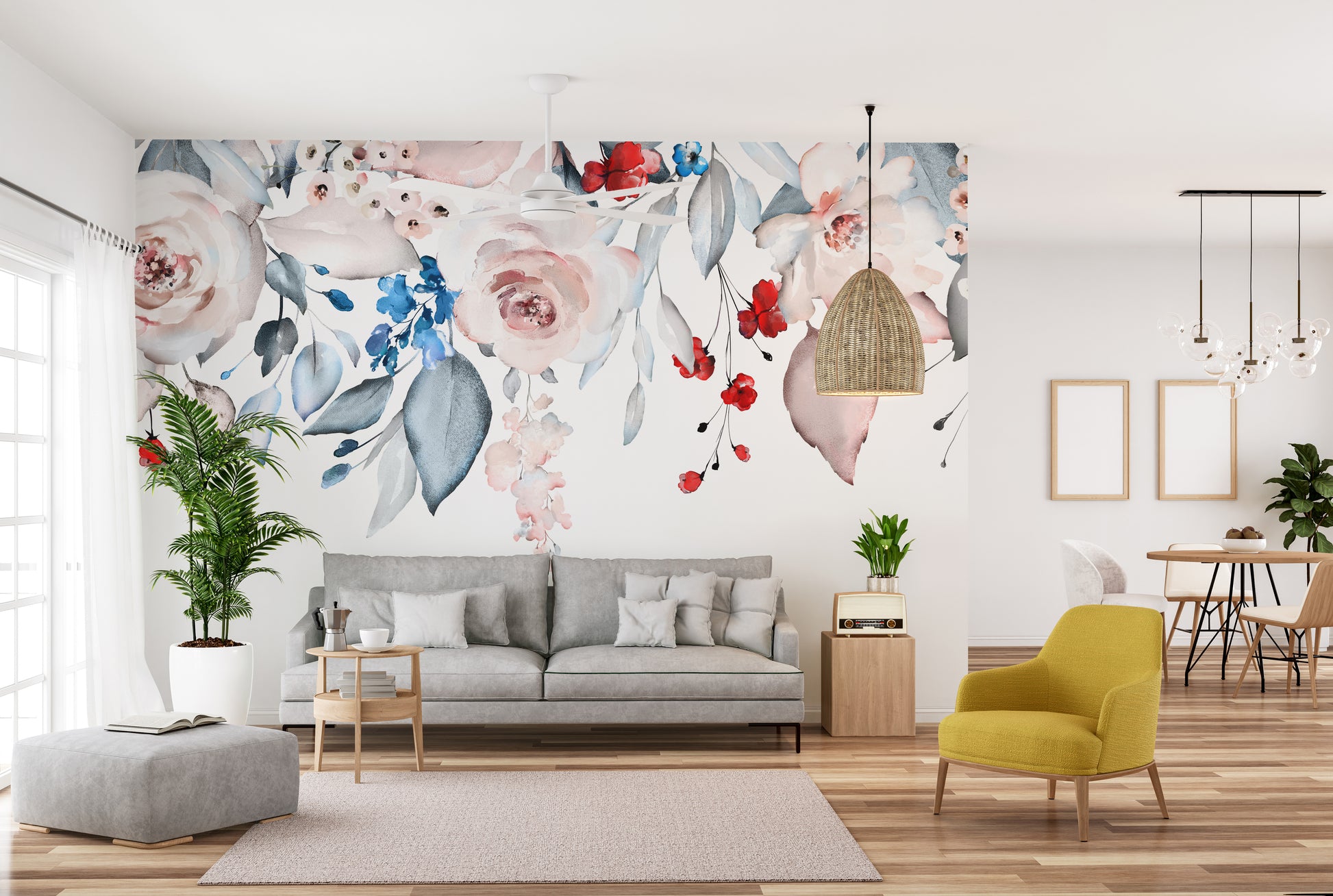 Watercolor floral mural with seamless borders for chic interiors.
