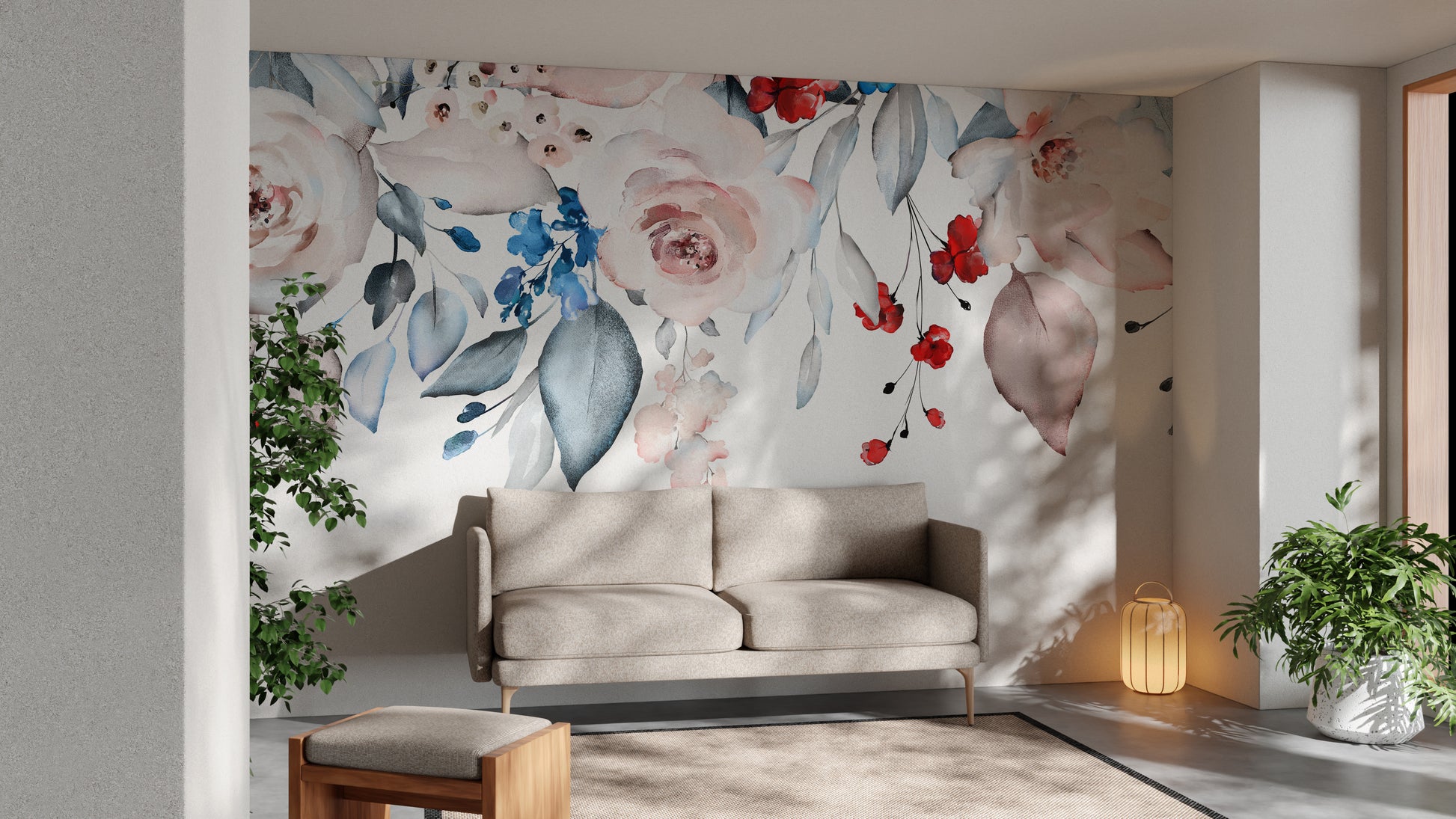 Artistic watercolor mural with a graceful floral border pattern.
