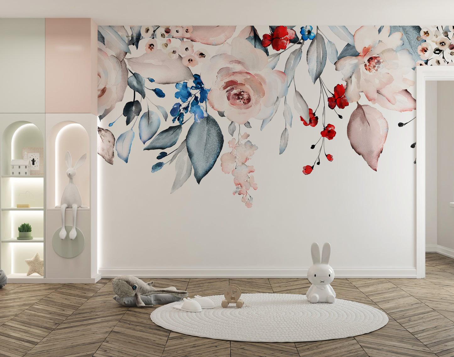 Seamless floral border mural featuring soft watercolor blooms.
