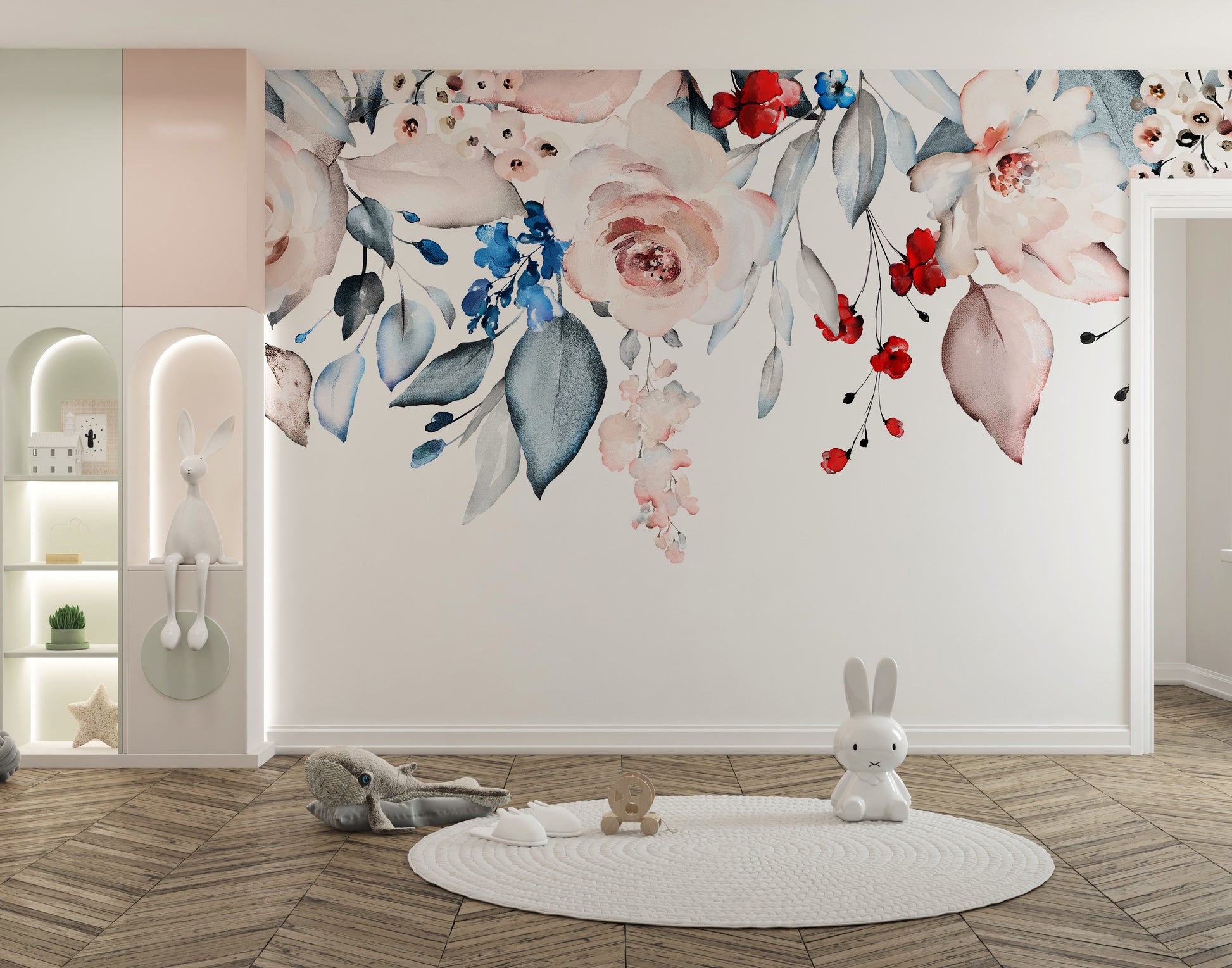 Seamless floral border mural featuring soft watercolor blooms.

