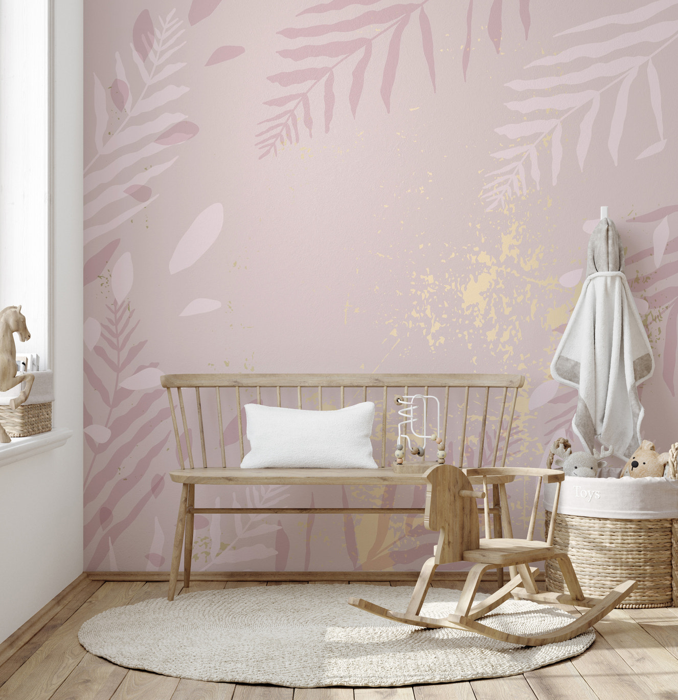 Blush elegance mural with gilded pastel tones for chic decor.
