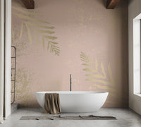 Pink and gold mural featuring artistic gilded blossom designs.
