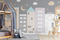 Vibrant wall mural featuring a playful town adventure scene.
