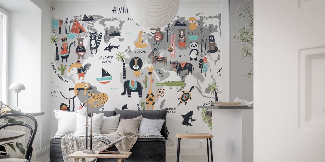 Wild Wonders mural featuring animals on a colorful world map.