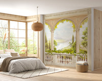 Vintage-inspired mural with a balcony overlooking serene scenery.
