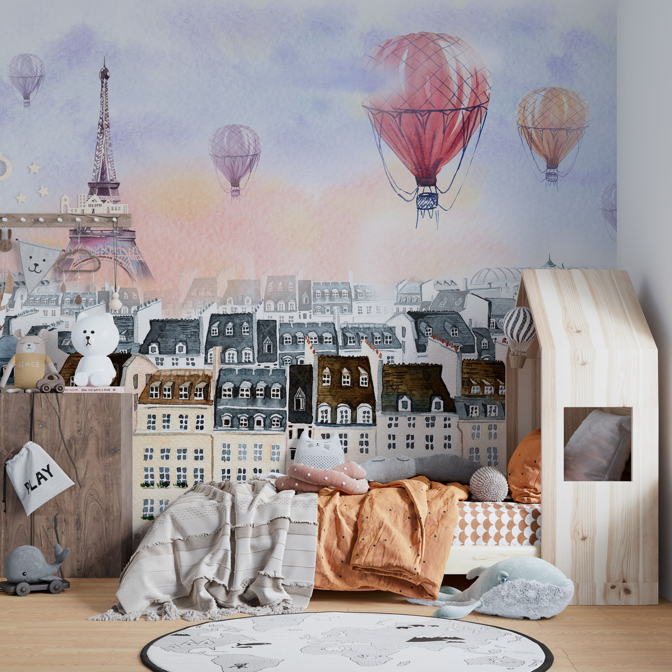 Watercolor mural featuring a hot air balloon over Paris cityscape.