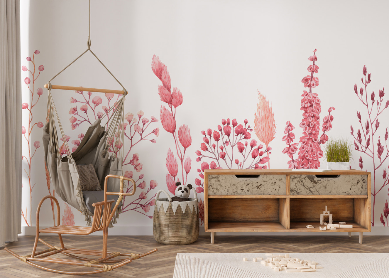 Nature's canvas mural featuring a garden of dried flower designs.
