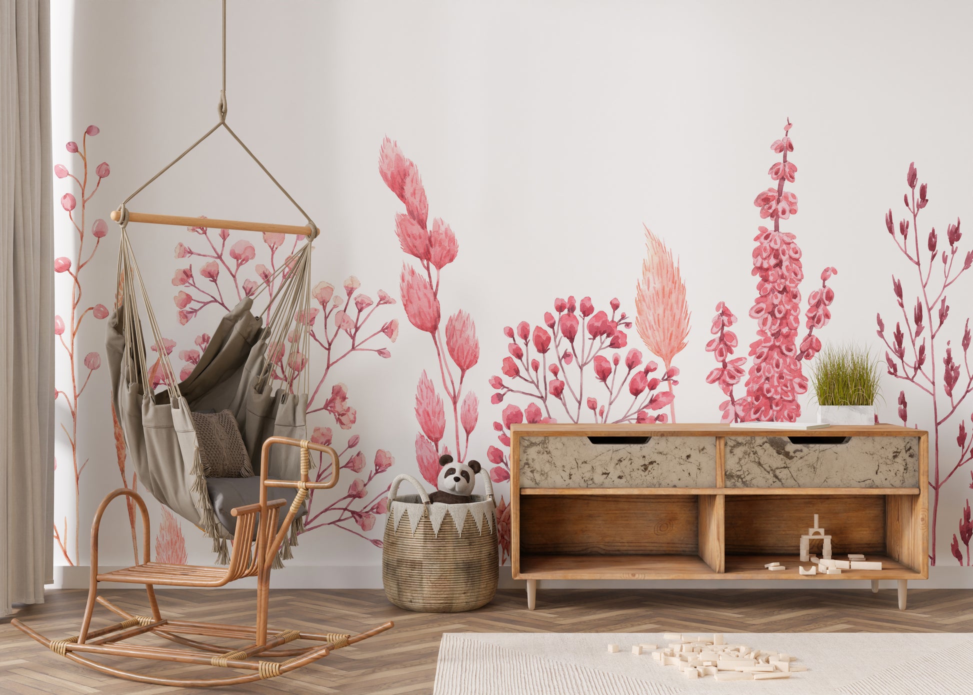 Nature's canvas mural featuring a garden of dried flower designs.
