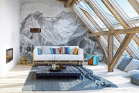 Wallpaper mural featuring rustic mountains and tranquil scenery.
