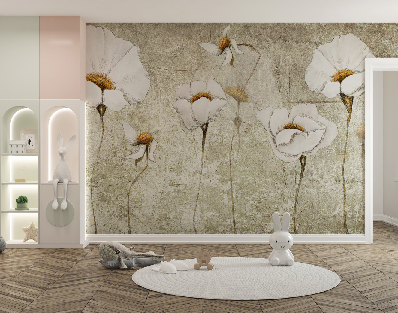 Serene worn white blossom mural for elegant wall decor.