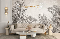 Minimalist black and white palm leaf mural for stylish spaces.
