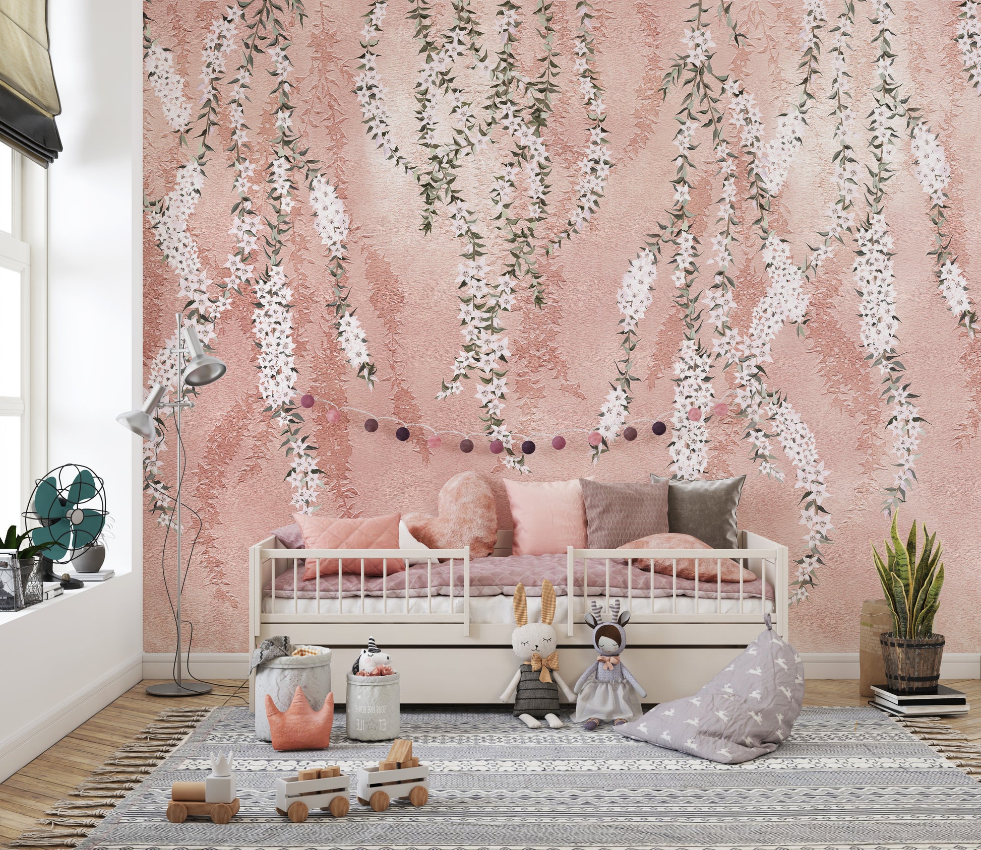 Cascading white orchids mural for tranquil wall aesthetics.
