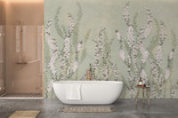 Floral mural featuring draped white orchids and green tones.
