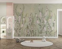 Elegant rising white orchids mural on lush green backdrop.

