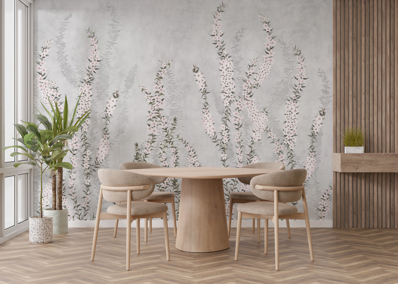 Elegant climbing floral branches mural for sophisticated walls.
