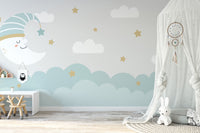 Artistic mural featuring crescent moon and soothing cloud design.
