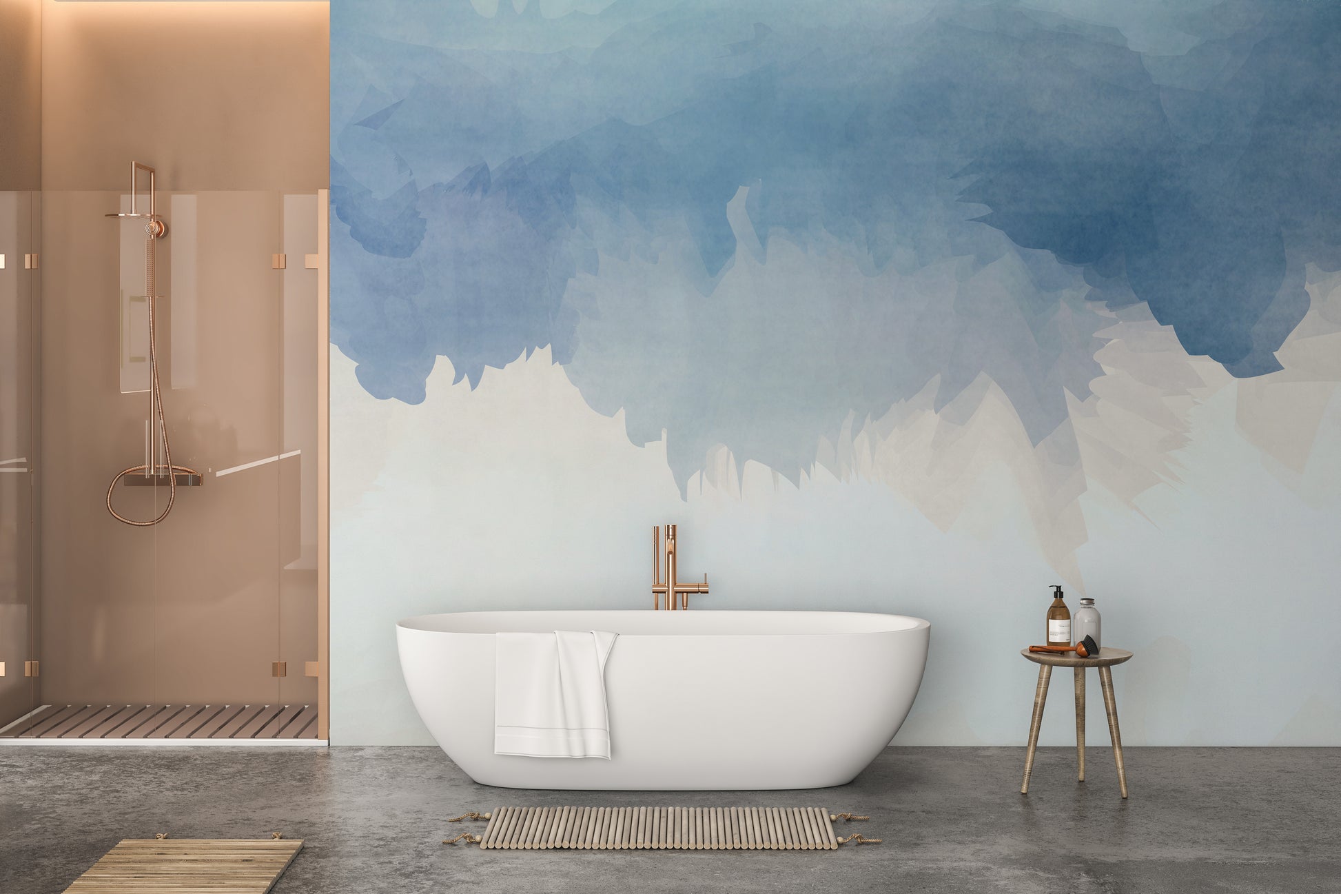 Aqua palette mural with abstract patterns for calming wall decor.

