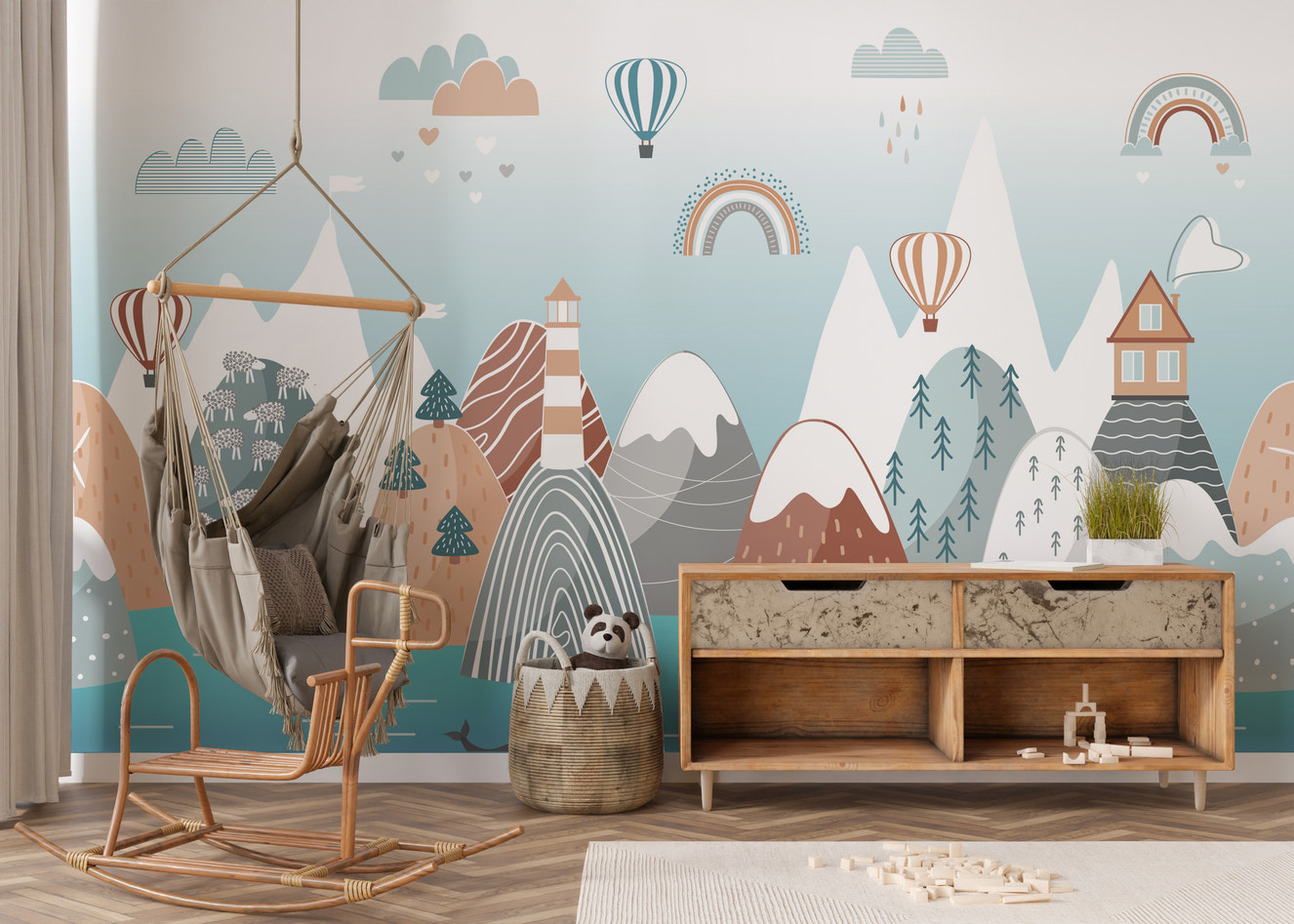 Scandinavian boho mural for a cozy and stylish nursery decor.
