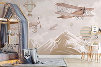 Dreamy mural of mountains from above for serene wall decor.
