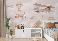 Aerial mountain dreams wallpaper mural with soft, dreamy tones.
