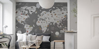 World map mural with vibrant animals for playful kids' rooms.



