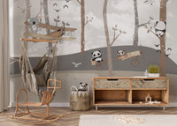 Panda and koala aviator mural for playful kids' room decor.
