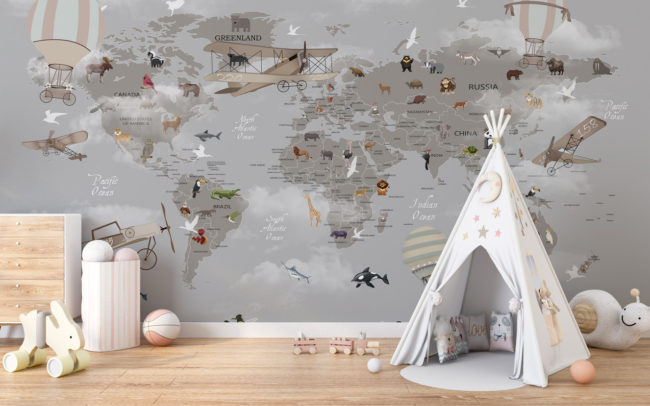 Animals aloft map mural for fun and educational kids' decor.