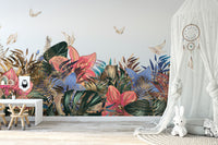 Garden-themed wall mural with colorful flowers and lush greenery.
