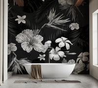 Monochrome tropical flowers mural for stylish and serene walls.
