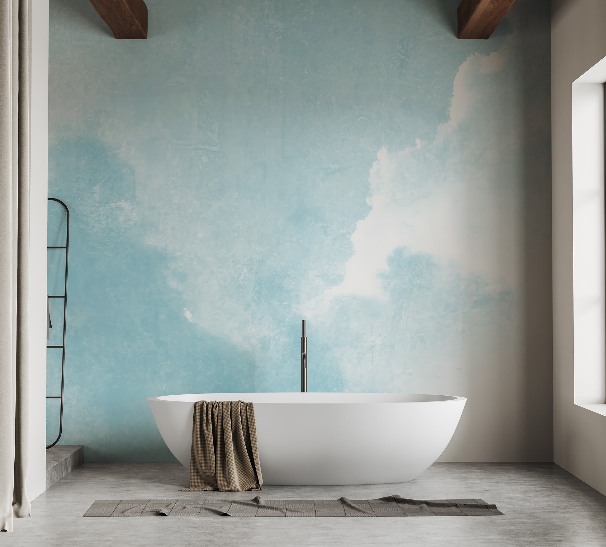 Tranquil blue heavenly clouds mural for calming home decor.
