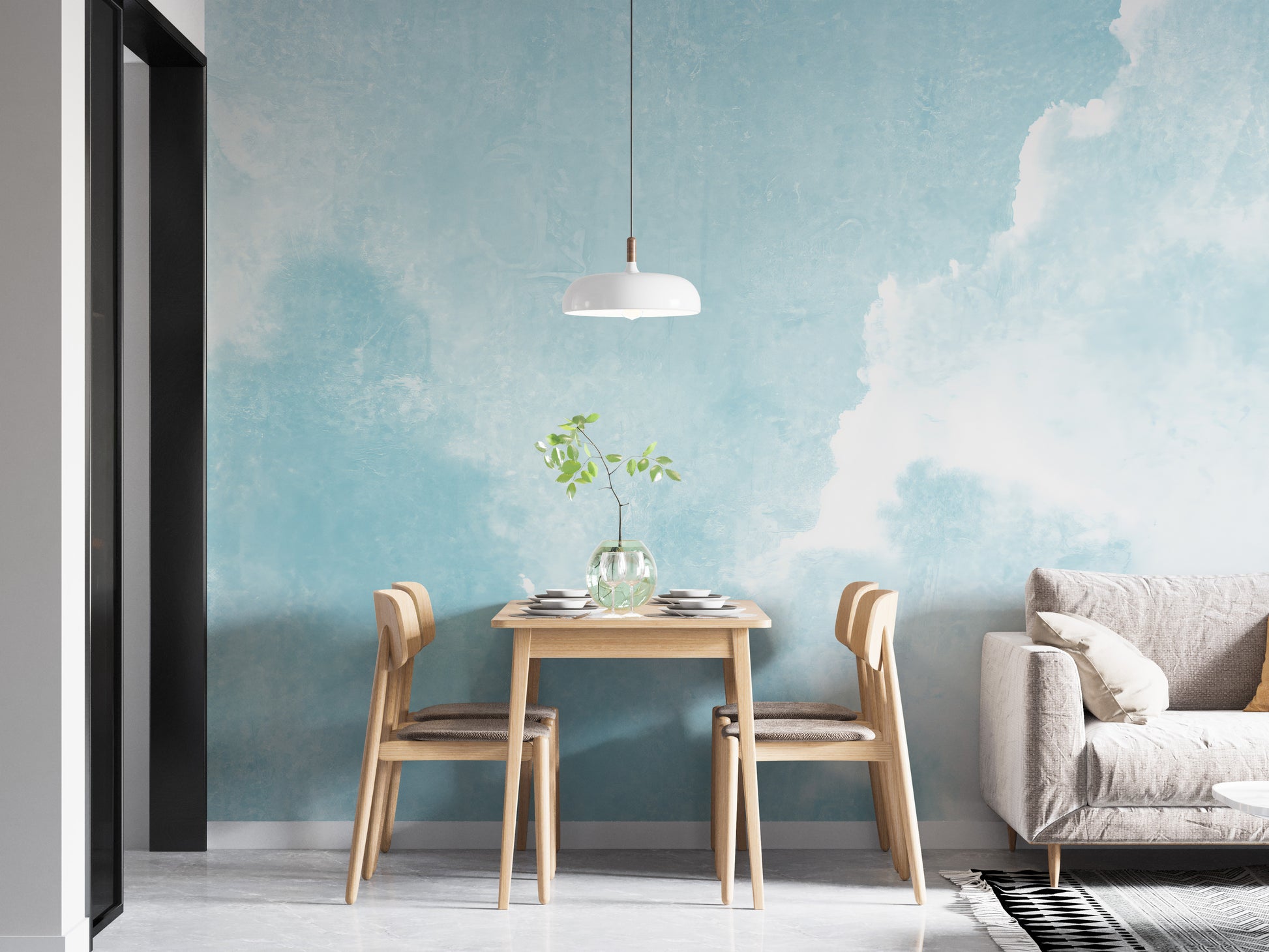 Heavenly blue clouds mural for a light and peaceful ambiance.
