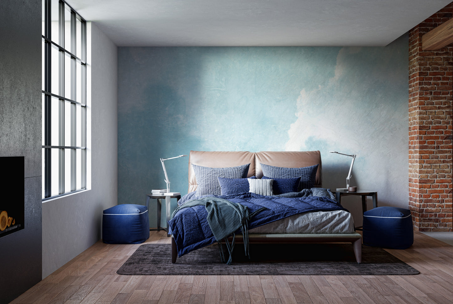 Artistic blue clouds mural for soothing and airy wall decor.
