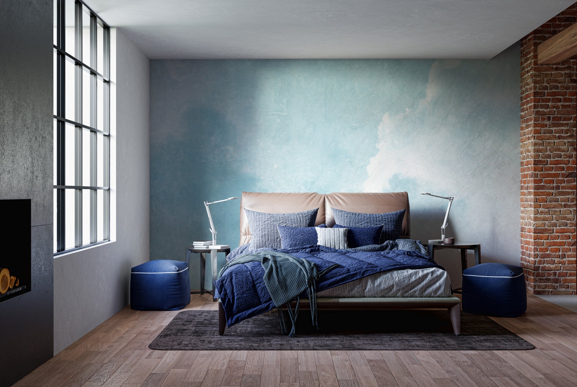 Artistic blue clouds mural for soothing and airy wall decor.
