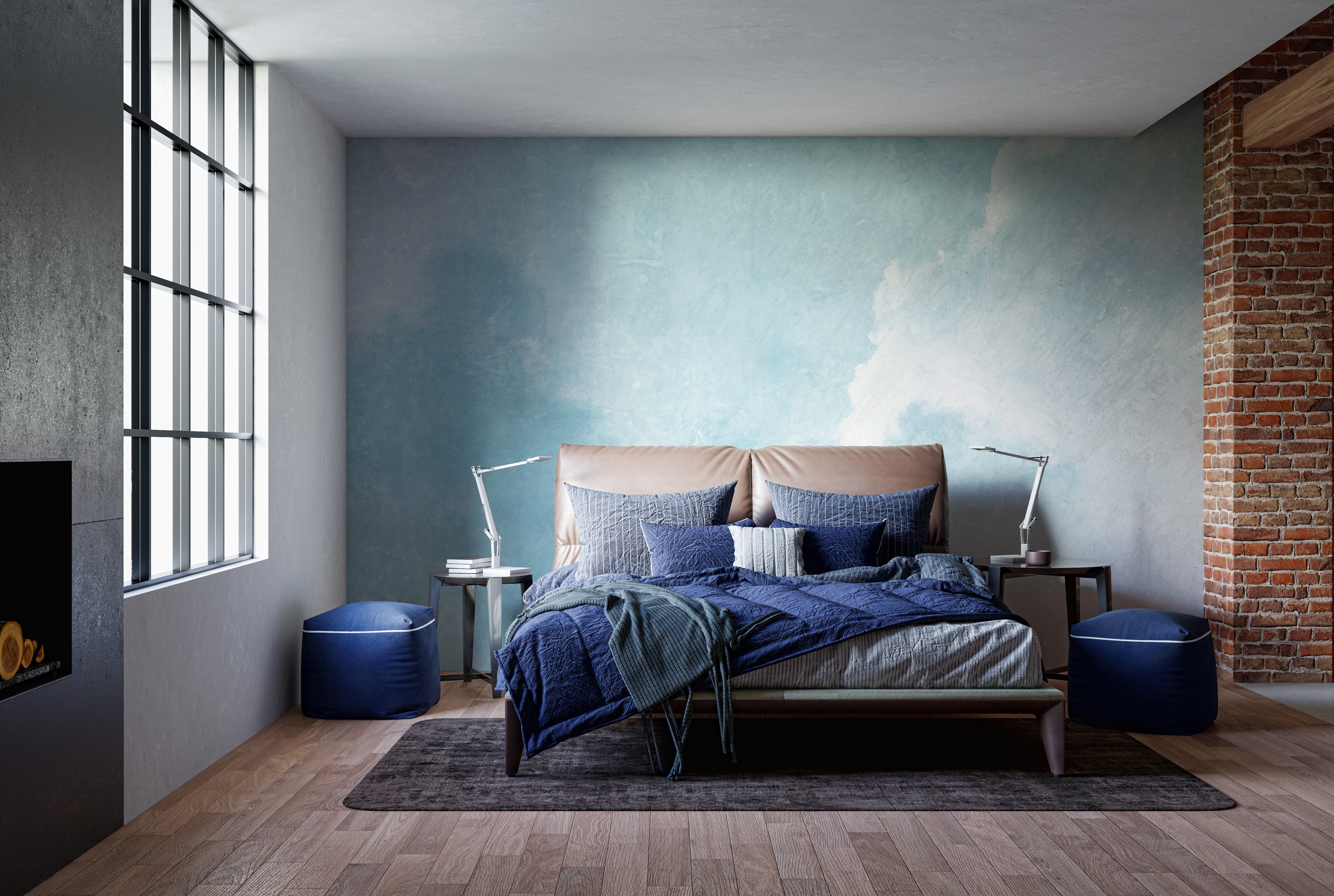 Artistic blue clouds mural for soothing and airy wall decor.
