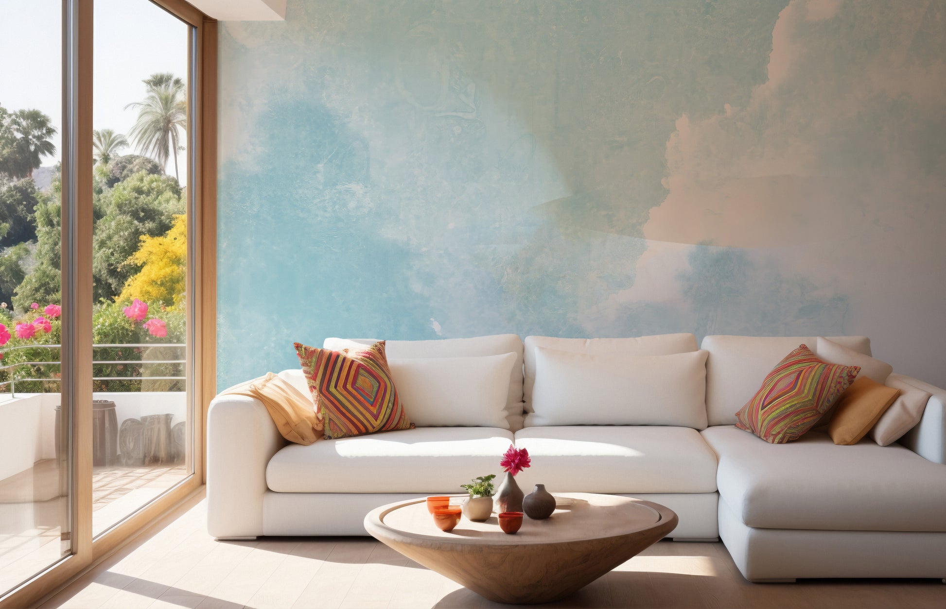Dreamy mural of blue clouds for serene and elegant interiors.
