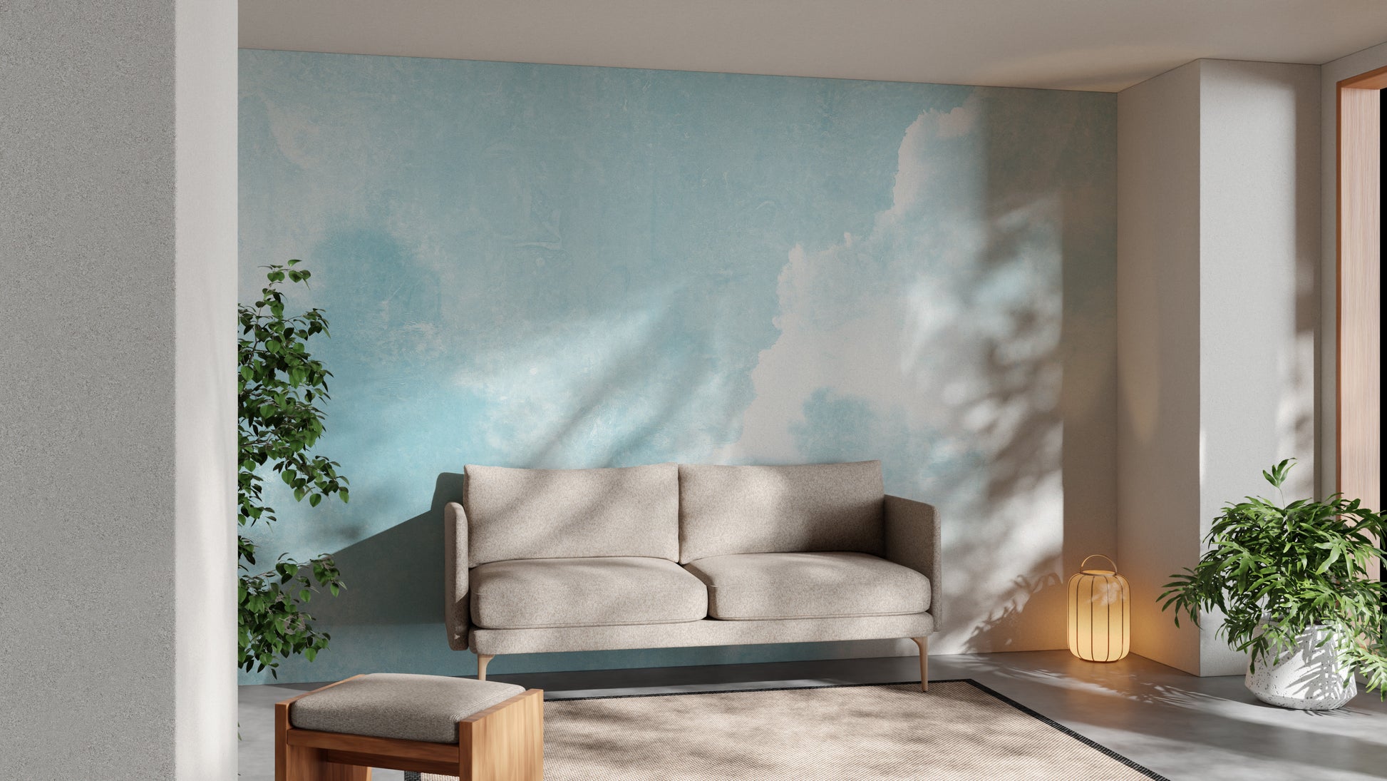Blue heavenly clouds wallpaper mural for calming wall aesthetics.

