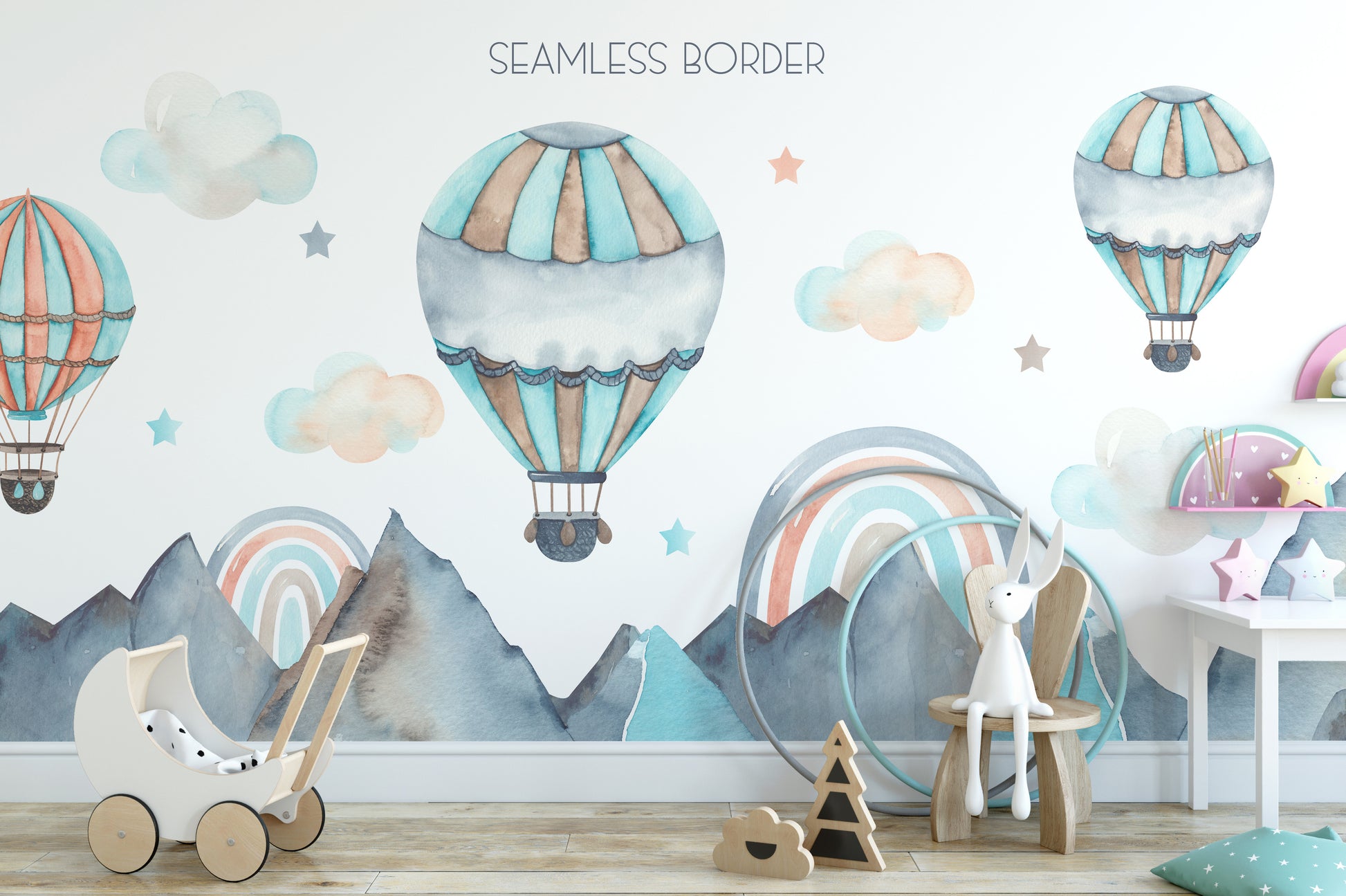 Nature view mural with watercolor tones and floating balloons.
