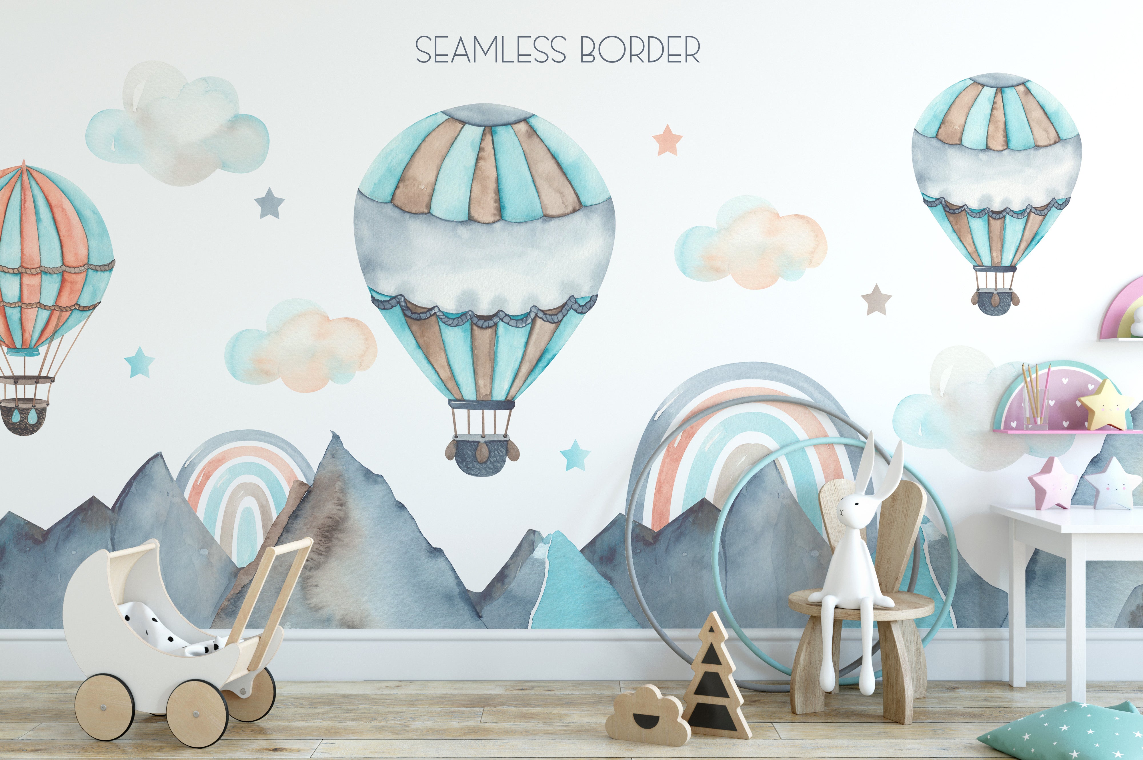 Nature view mural with watercolor tones and floating balloons.
