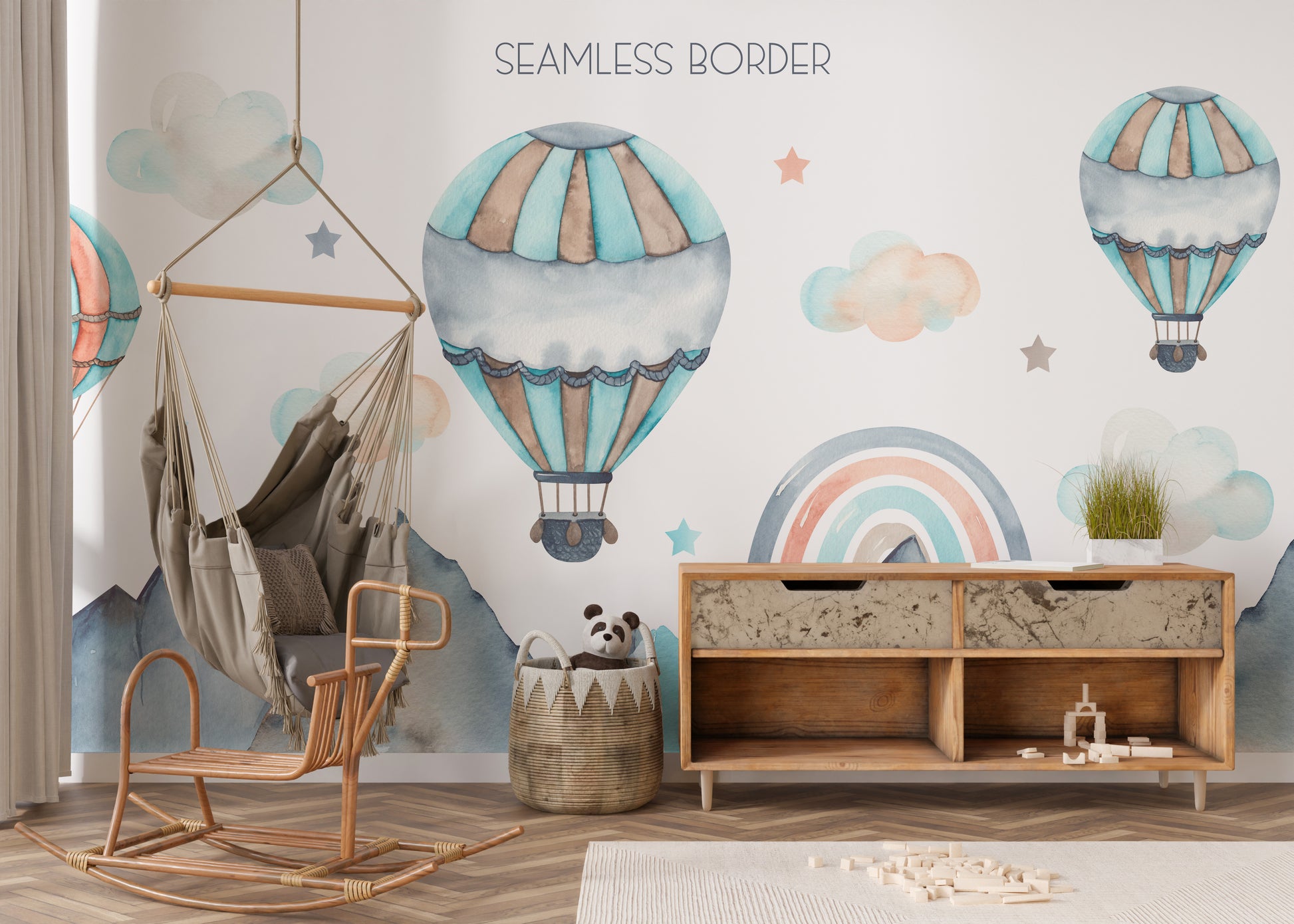 Hot air balloons mural with scenic watercolor nature views.
