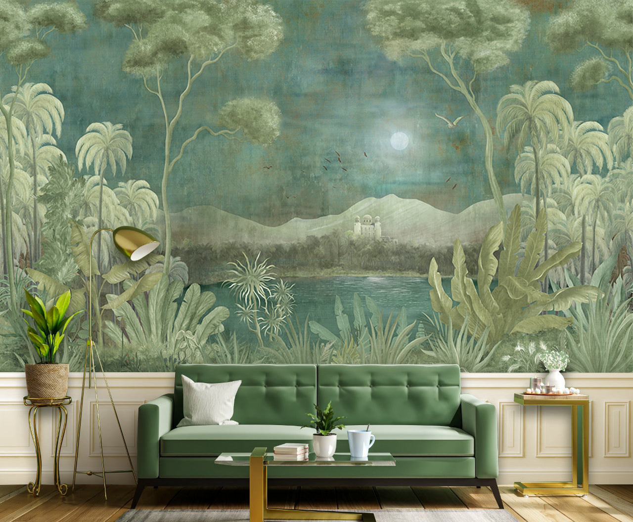 Living room wall mural with moonlit tropical scene and lush greenery.
