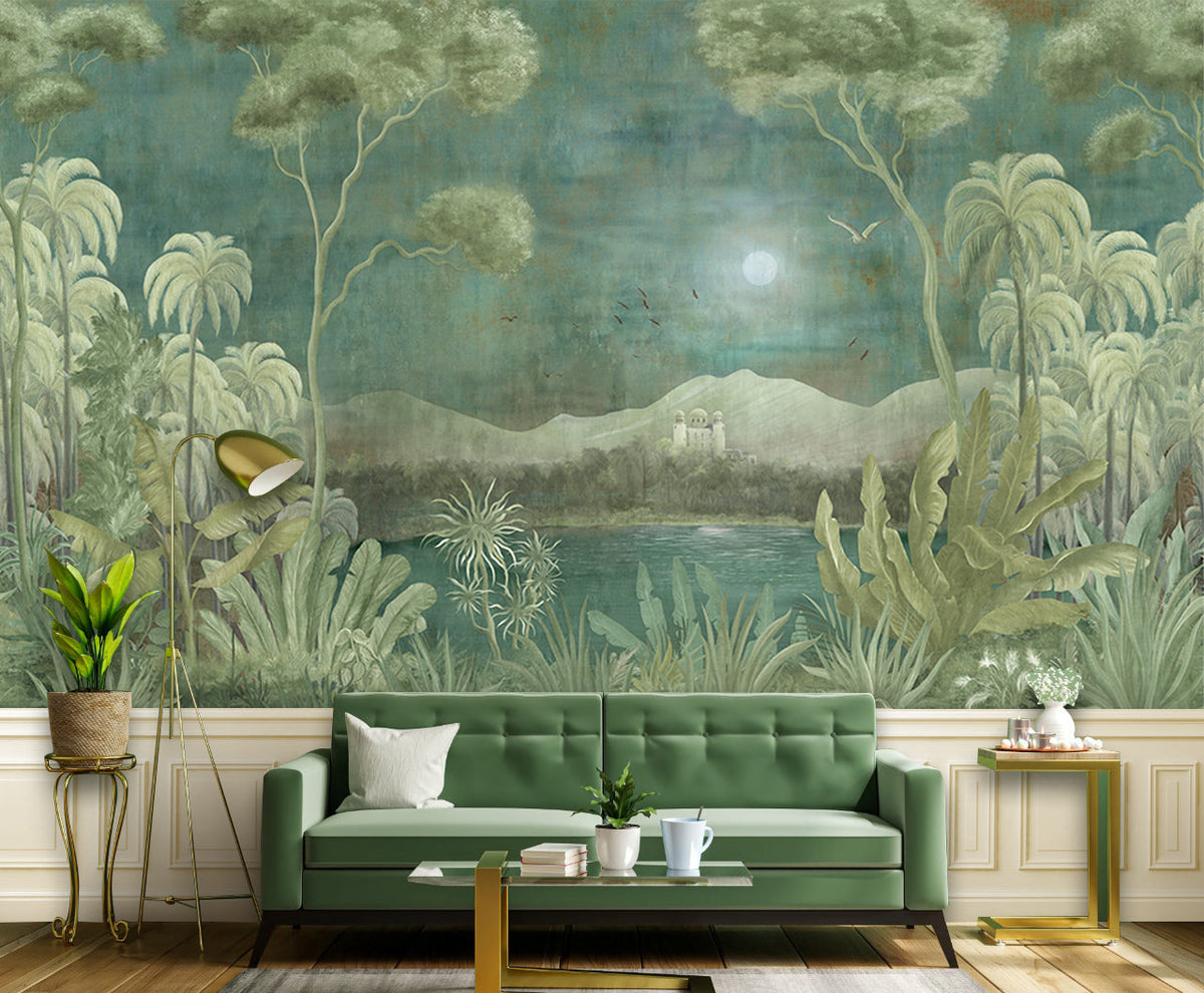 Living room wall mural with moonlit tropical scene and lush greenery.